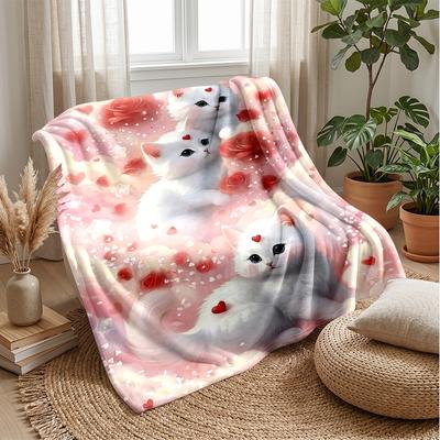 Whimsical Cats In Love Theme Blanket Lightweight Warm Flannel Blanket Decorative Throw Blanket for Home Decoration