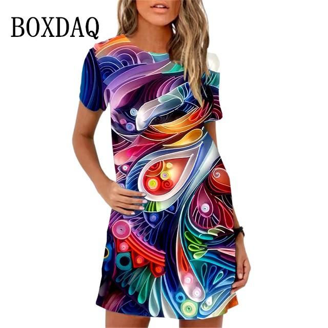 Elegante Abito Midi da Donna a Maniche Corte Moda Stampa 3D Taglie Forti Abbigliamento da Spiaggia