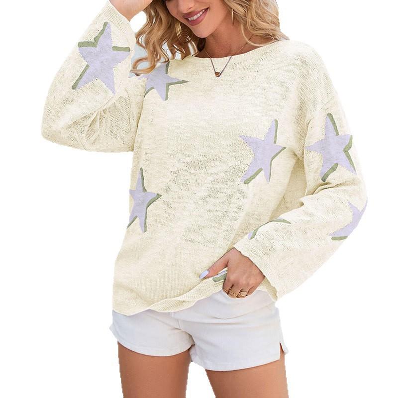 Womens Loose Fit Long Sleeve Knit Sweater With Star Round Neck Casual Pullover