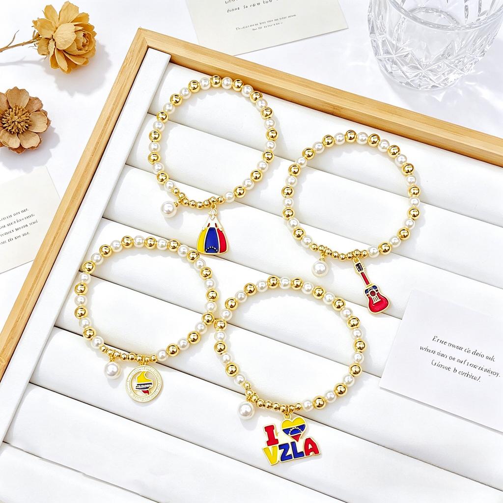 Hot Selling Pearl Chain Violin Round Heart-Shaped Venezuela Flag Stretch Bracelet: Luxury for Women Party Patriotic Jewelry Gift