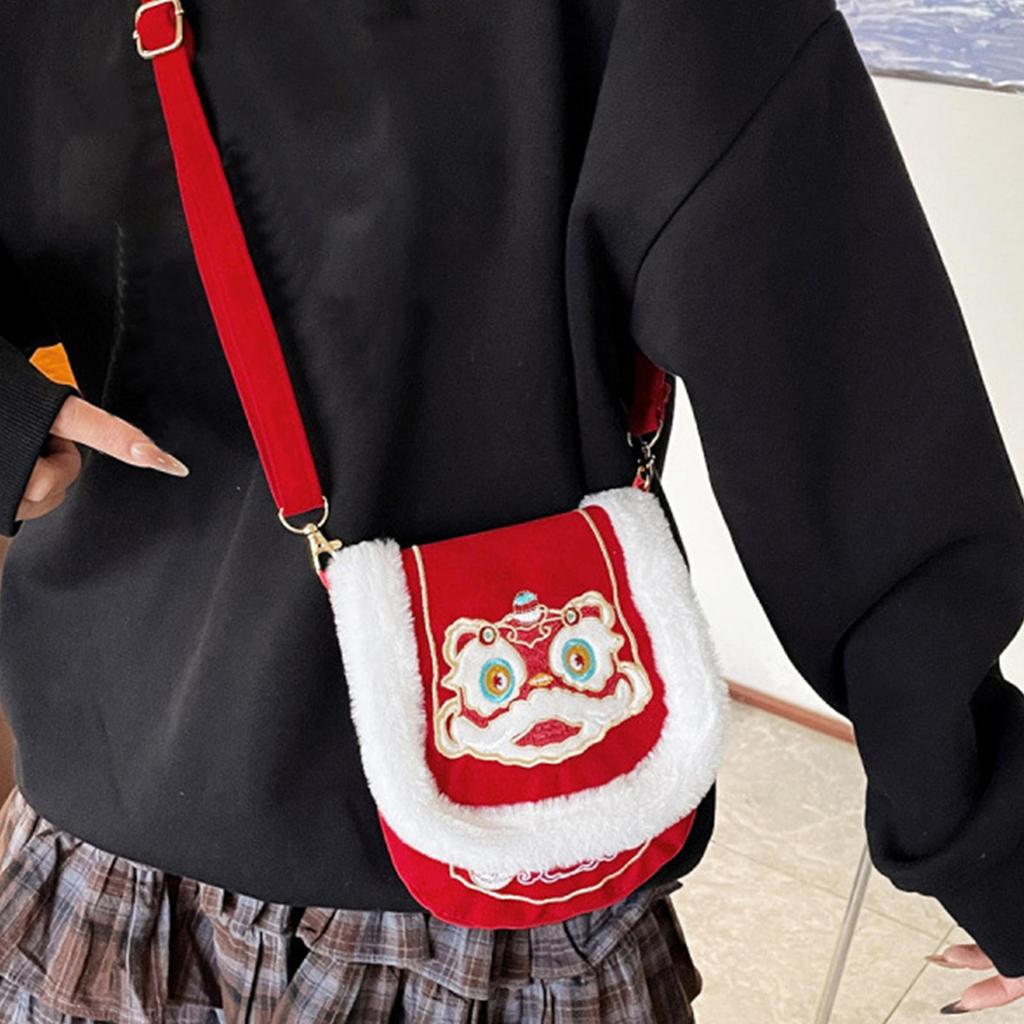 Embroidered Tote Bag Red Embroidered Plush Handbag Traditional Shoulder Bag for Ladies Girls Home Commuting Shopping Beach Sea