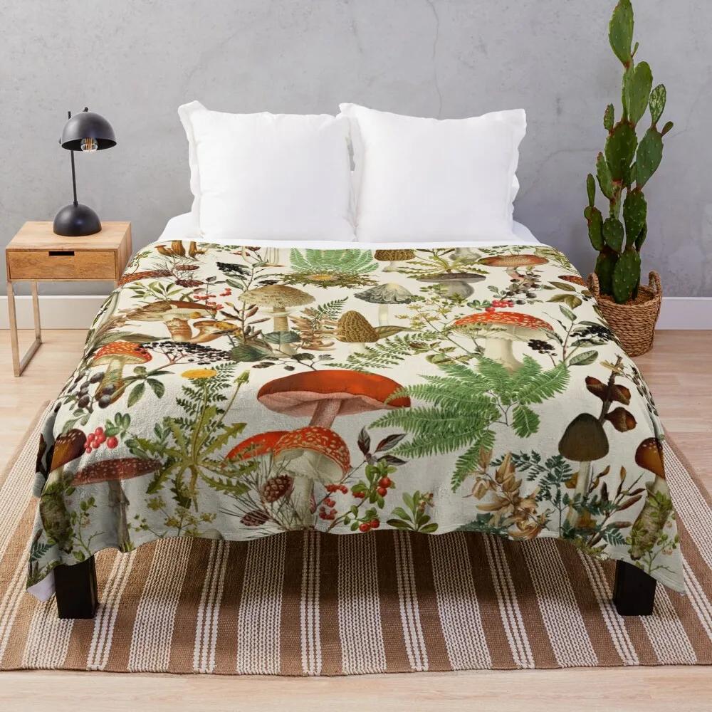 Mushroom Flannel Throw Blanket King Queen Size Brown Mushroom Pattern for Bed Sofa Couch Decor Smooth Lightweight Super Soft