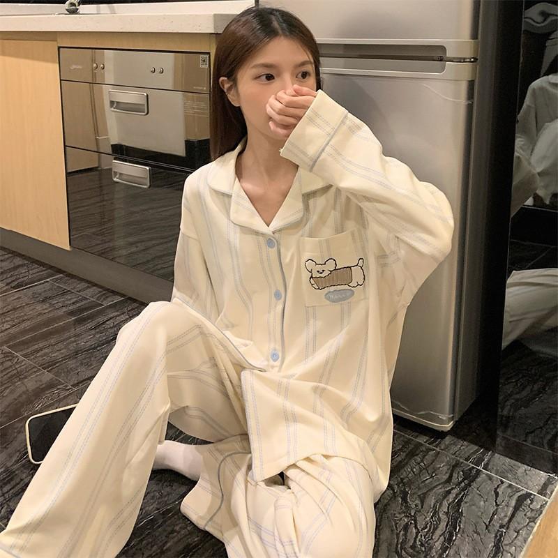 "Cute Dog Dachshund" ins cartoon spring and autumn striped pajamas women's cardigan long-sleeved loungewear autumn and winter suit
