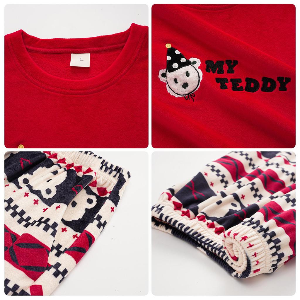 Women's Christmas Red Velvet Teddy Bear Pajamas - Warm, Breathable, Casual Coral Fleece Homewear for Autumn, Winter, Spring
