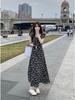 Spring/Summer 2024 Retro Black Floral Dress: Slim Fit, Medium-Long Length with Ruffled Skirt