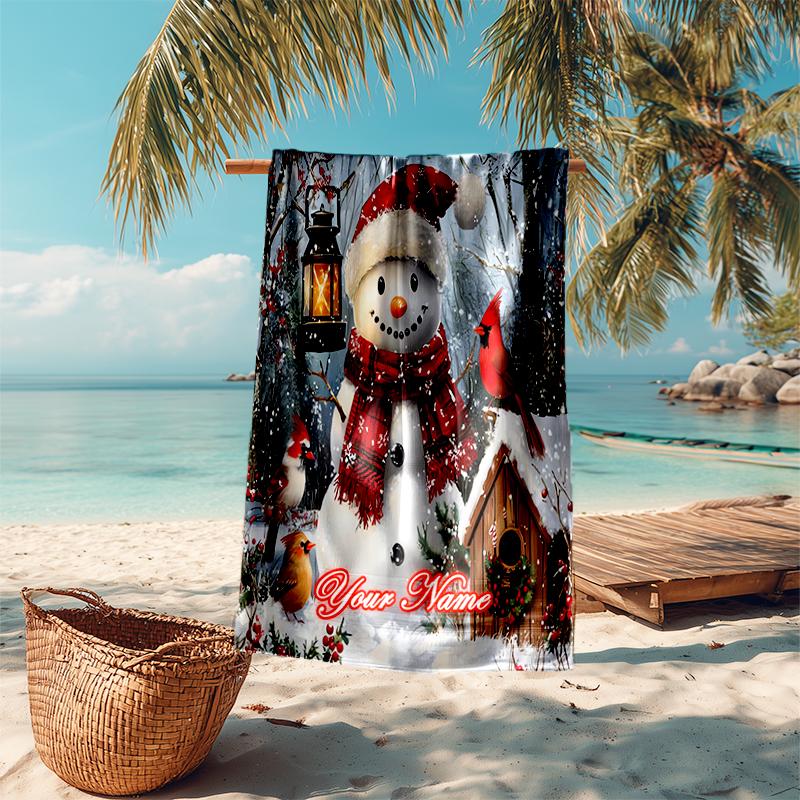 1PC Custom Name Winter Wonderland Snowman Beach Towel Highly Absorbent And Sand-Resistant Towel for Swimming, Pool, Yoga, And Travel Lightweight