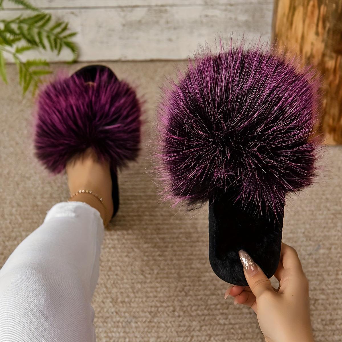 

Пухнасті шльопанці з штучного хутра, модні, з відкритим носком, на м якій підошві, зимові, теплі, домашні шльопанці 40-41 фіолетовий