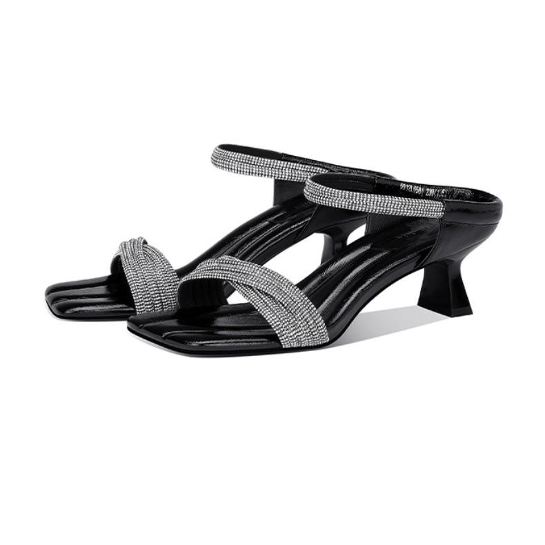 

Square head one-word high-heeled slippers female 2025 summer new fashion outer wear rhinestone thick heel with skirt fairy sandals 40
