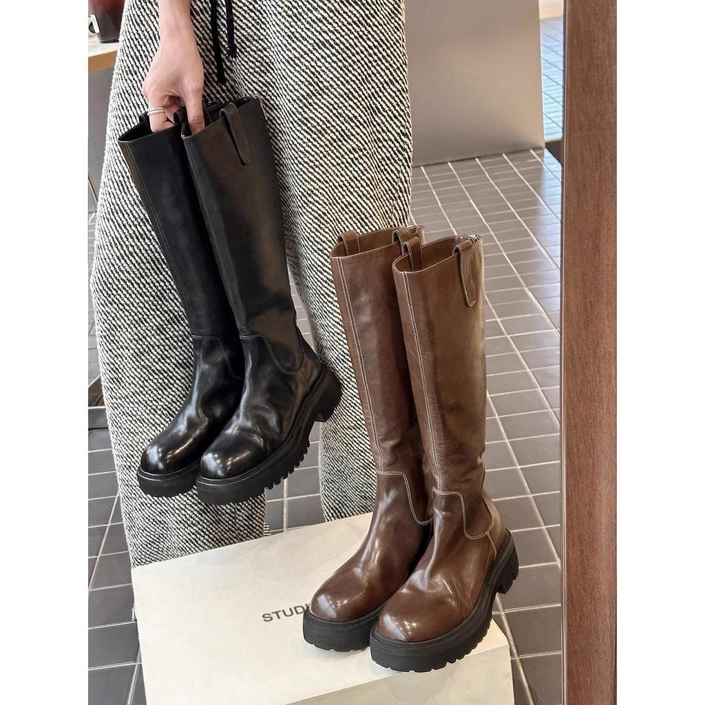 Shoe Shrink Horse Leather Round Head Thick Sole Thick Heel Skinny Medium Long Knight Boots