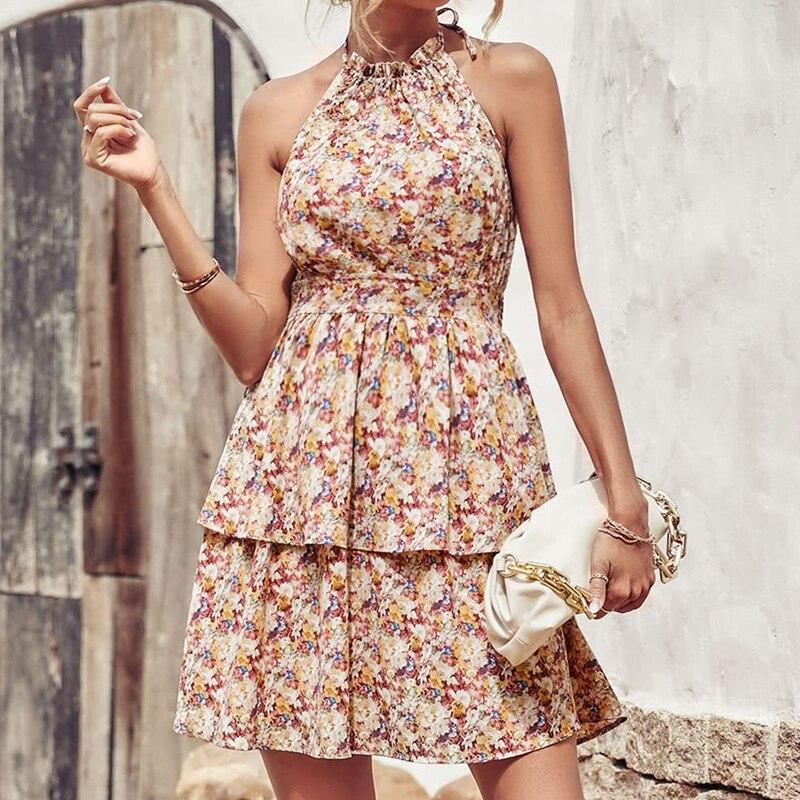 Summer Sexy Flower Printed Sleeveless Halter Dress For Women Elegant Elastic Waist Mini Dress Fashion Beach Dress Robe 25136