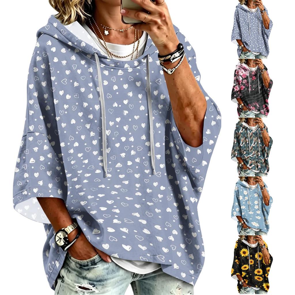 Women's Vintage Floral Print Hooded Pullover Top with Three-Quarter Sleeves for Casual Everyday Wear