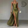 Luxuriöses Seidensatin-Spitzenträgerkleid V-Ausschnitt Taille Falten Hoher Seitenschlitz Bodenlang Cocktail Brautjungfer Damenbekleidung Neuer Herbst