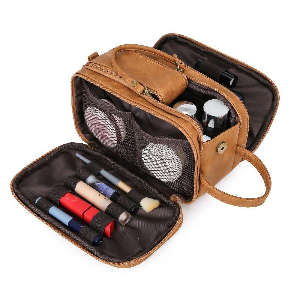 

Waterproof Toiletry Bag PU Leather Makeup Organizer Durable Travel Wash Case Men светло-коричневого