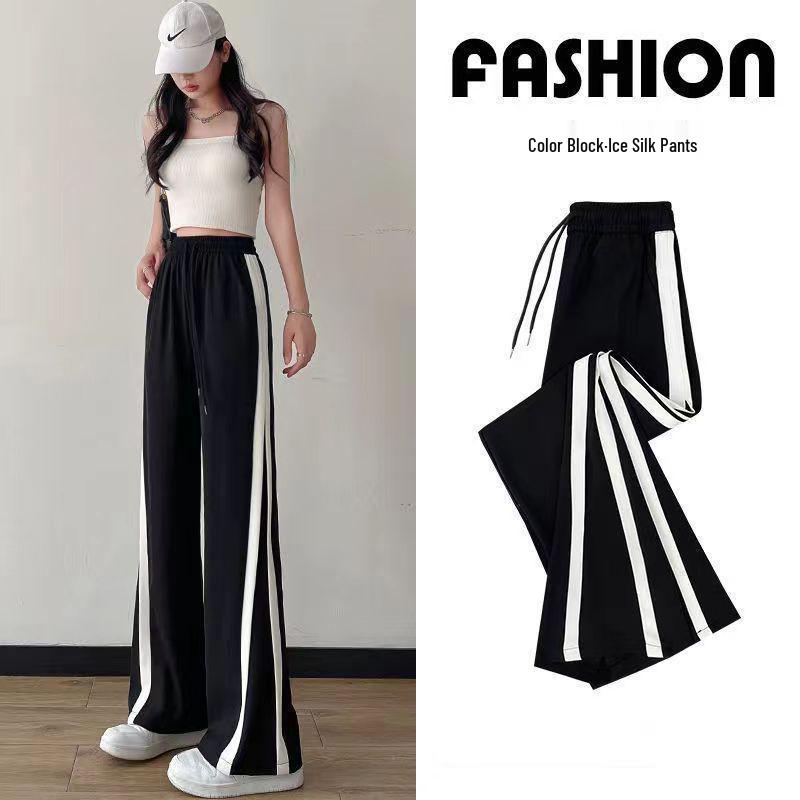 Women's Korean Style Wide-Leg Pants: Plus Size Slimming Straight, Loose Casual Petite Floor-Length, Trendy Spring-Summer Sportswear.
