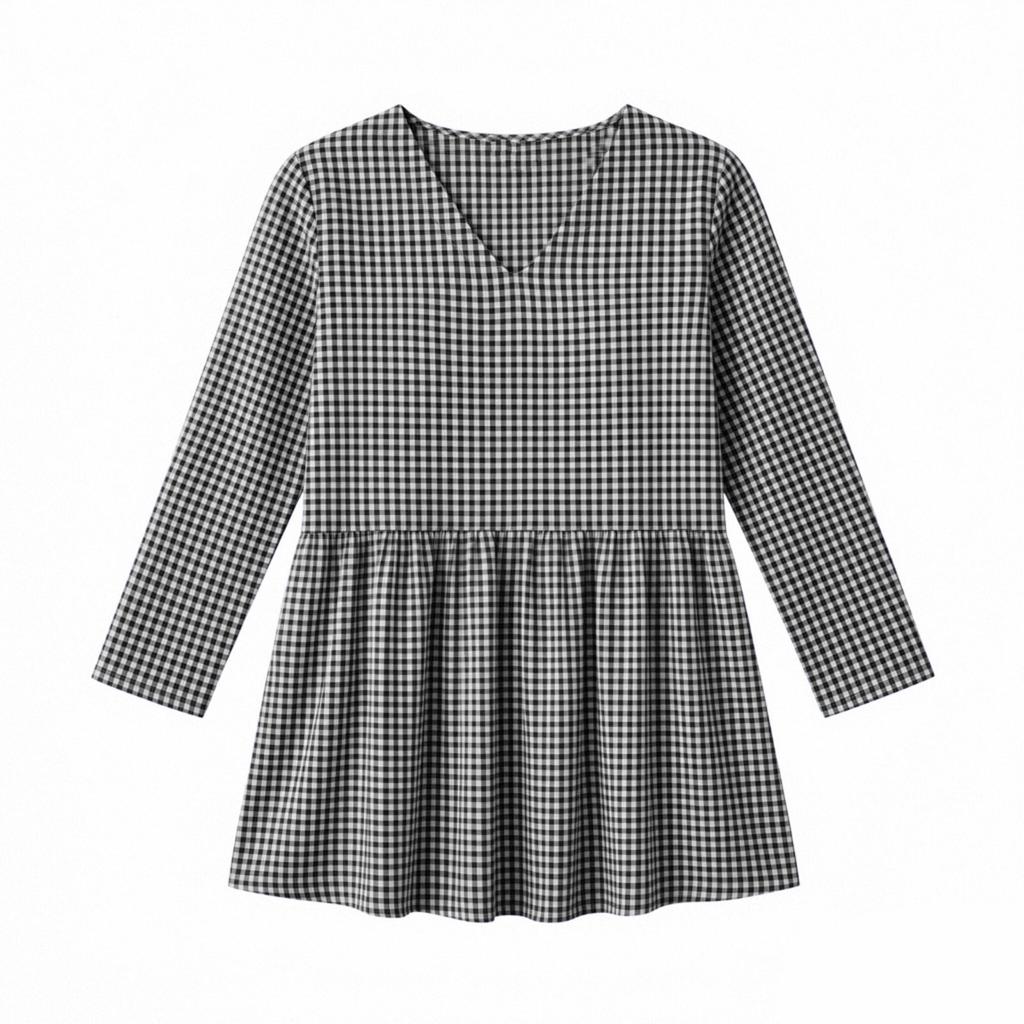 Women Loose Fit Casual Cotton Linen V Neck Plaid Three Quarter Sleeve Top Blouse Tunic Shirt for Everyday Wear