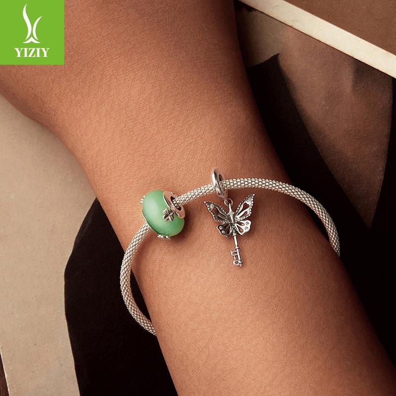 Spring Diy Bracelet Beaded Accessories 925 Silver Green Four-Leaf Clover Glazed Beads
