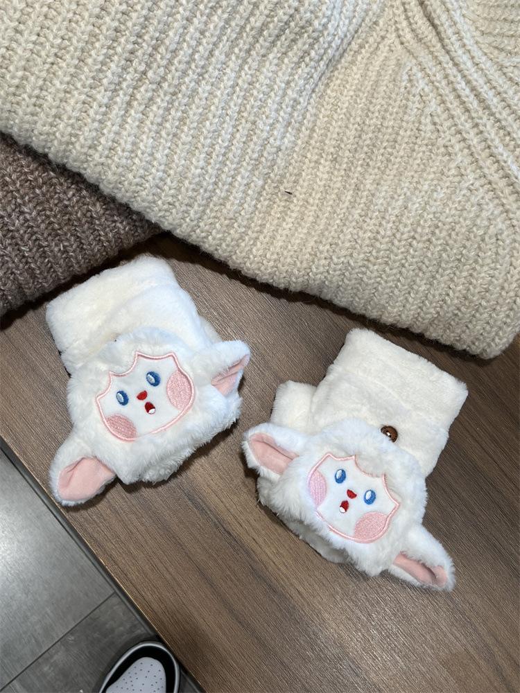 Ji Warm Koreanische Version von niedlichen Plüsch-Cartoon-Flipp-Halbfingerhandschuhen für weibliche Schüler, kältebeständig, verdickt