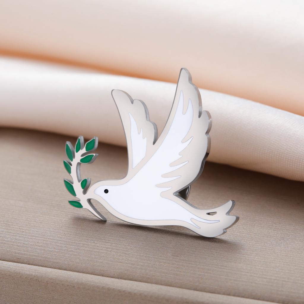 Friedenstaube Vogel Anstecknadeln Edelstahl Brosche für Damen Herren Olivenzweig Tauben Abzeichen auf Rucksack Schmuck Geschenk Großhandel