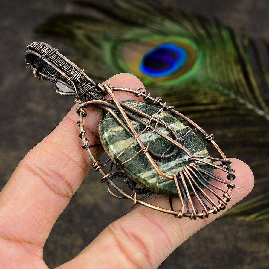 Seraphinite, Moonstone Gemstone Copper Wire Wrap Jewelry Pendant 3.35"