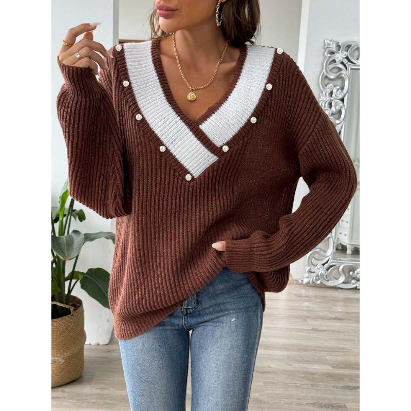 Women S Loose Fit V Neck Beaded Long Sleeve Pullover Sweater