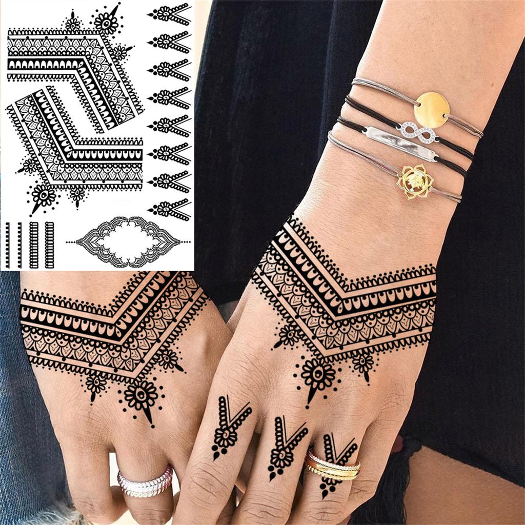 Body Art Henna Temporary Tattoos For Women Adult Fake Mandala Flower Tattoo Sticker Feather Butterfly Black Tatoos Leg Feet Foot