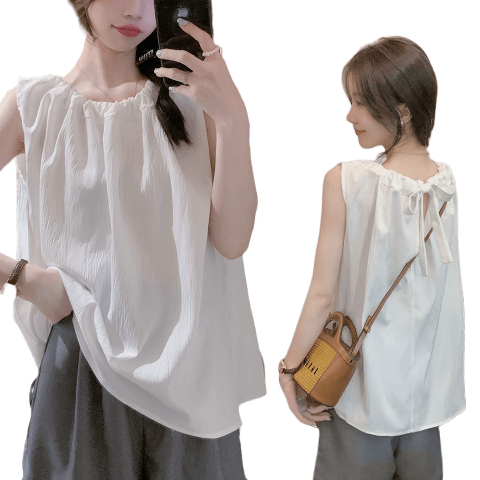 

Vincent house Sleeveless Tank Camisole Top with Ruffles and Loose Solid Perfect for Going Summer Wear Women s Top, Ribbons, Casual, Slimming, Cool, белый