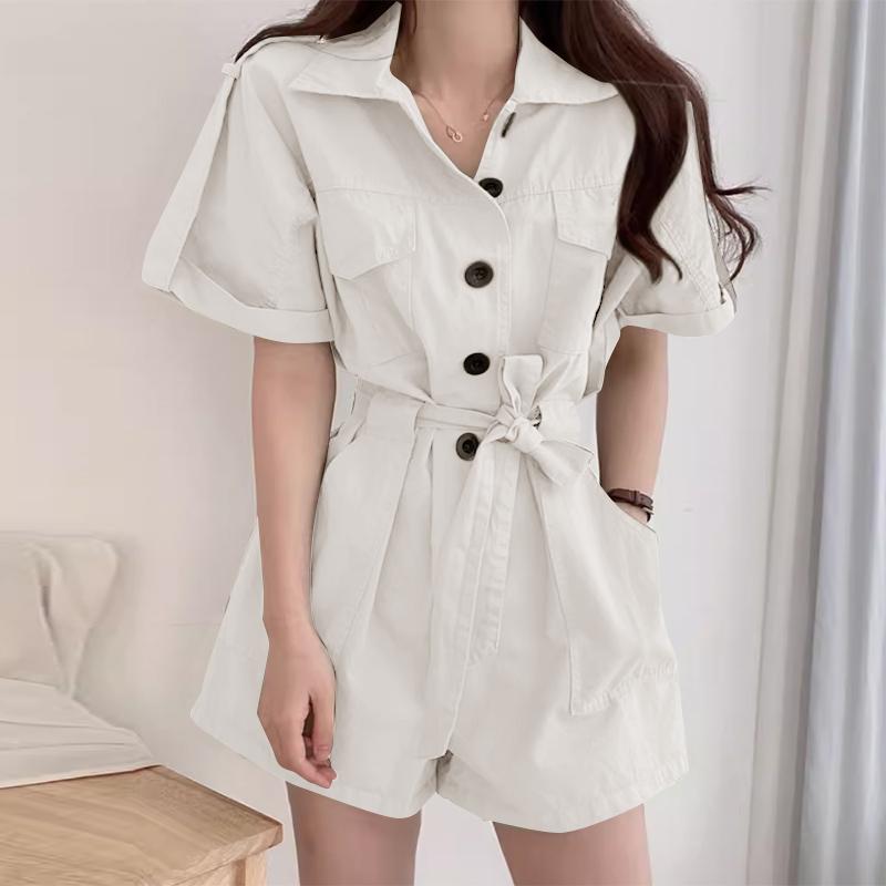 

VONDA Женский летний комбинезон с широкими штанинами и двойными карманами на лацканах, шорты 2XL бежевый