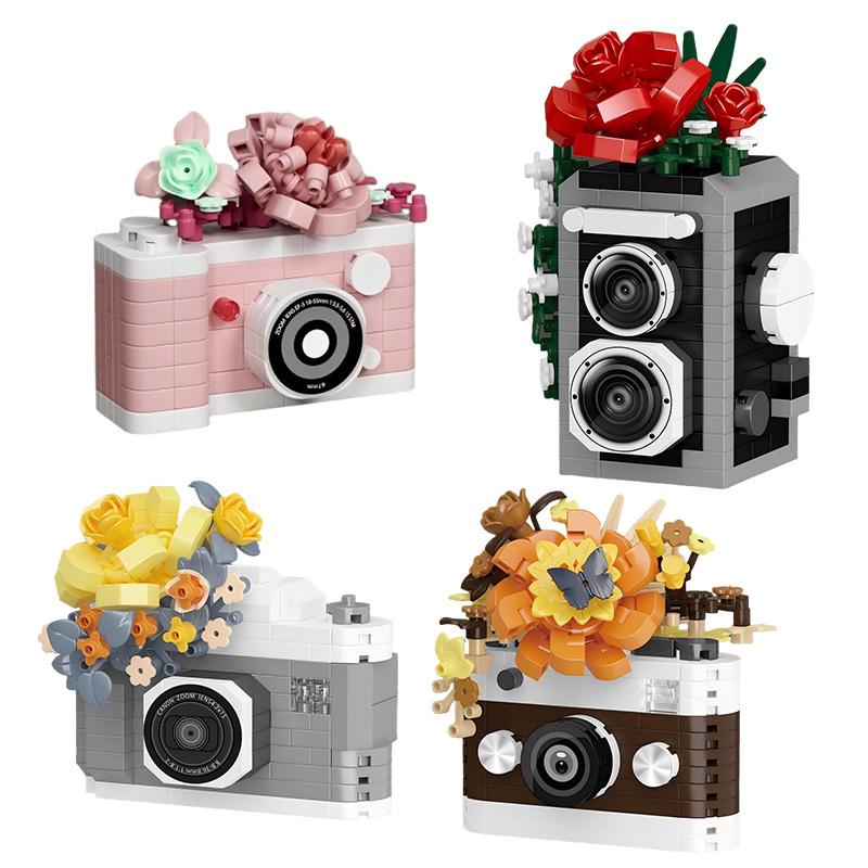 Slr Retro Camera Mirror Flower Model Building Block Set-Creative Trendy Ornament Educational Toy For Children Gift Ornament