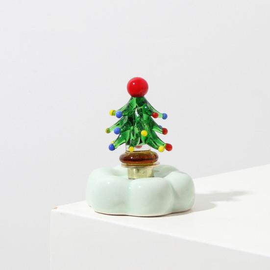 Hand Glazed Craft for Anniversary Glass Christmas Tree Figurine with Rotating Ceramic Base, Handmade Art Holiday Ornament Car Dashboard Desk Decor And