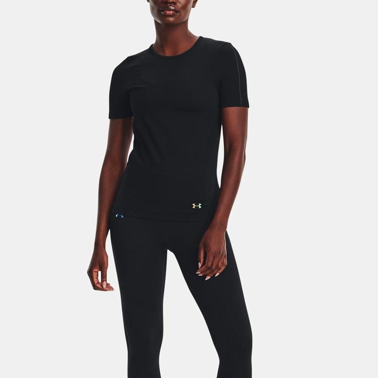 Under Armour Rush Series Solid Color Logo Embroidery Round Neck Short Sleeve T-shirt Women Tops Black 1373929-001