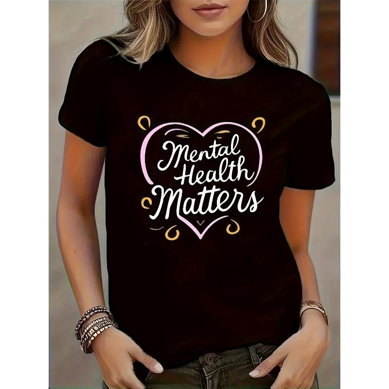 

European sizes Women S Mental Health Matters Graphic T-Shirt - Casual Crew Neck, Short Sleeve, Color Block Design with Heart Motif S чёрный