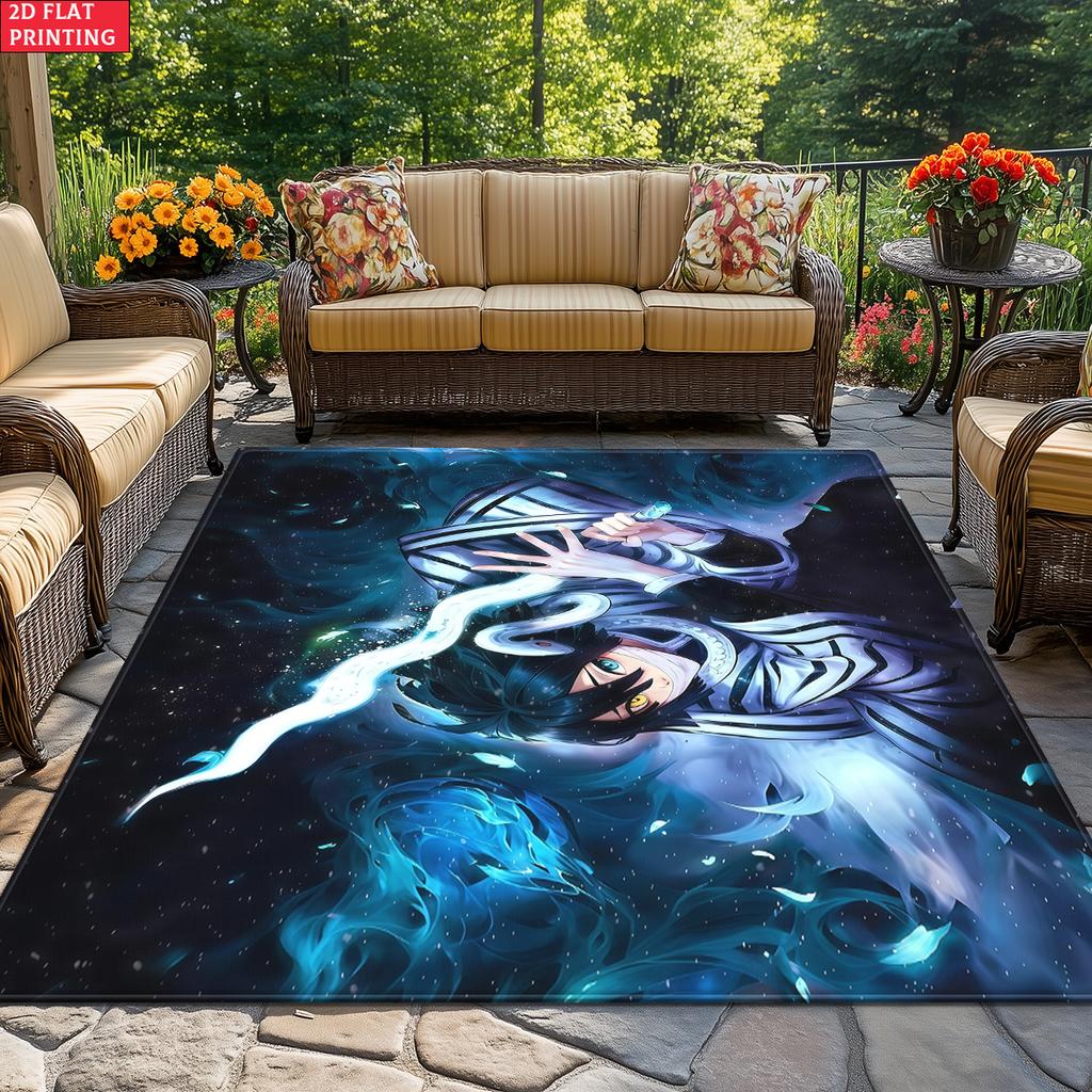 Anime Swordsman Area Rug, Blue Ice Flame Theme Floor Mat, Decorative Carpet for Gaming Room Bedroom, Washable Home Decor Gift