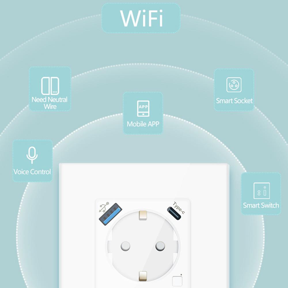 Tuya Type-C WiFi Smart Wall Socket Power Monitor USB EU Plug Outlet APP Wireless Remote Control Work With Alexa Google Home