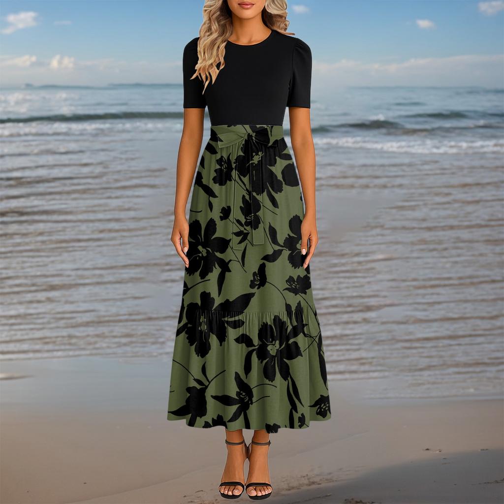 Women's Fashionable Casual Belt Short Sleeved Round Neck Print Elegant Temperament Dress