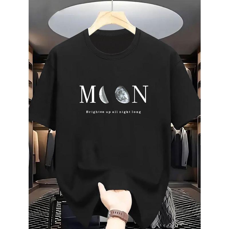 

Summer New Arrival Men s Casual Fashion Short Sleeve T-Shirt with Moon Print, Classic Trendy, Slightly Stretchy Crew Neck, Comfortable and Breathable 4XL чорний