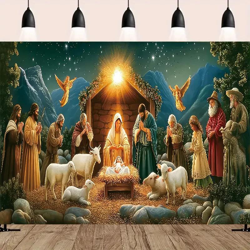 Nativity Scene Starry Night Tapestry, Religious Burgh Scene Wall Hanging Traditional Christmas Birthday Room Decor 100X70CM