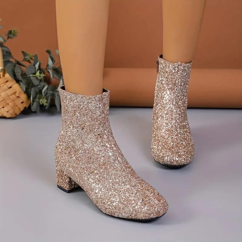 Women's Mid Heel Sexy Thick Bottom Shoes 2024 New Ladies Glitter Gold Chunky Heel Sequins Trendy Women's Shoes