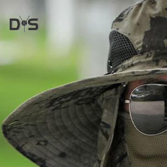 Men Fisherman Hat with Front Cover Large Brim Hollow Mesh Camouflage Print Anti-UV Sunlight Protection Quick Dry Great Breathability Outdoor Fishing
