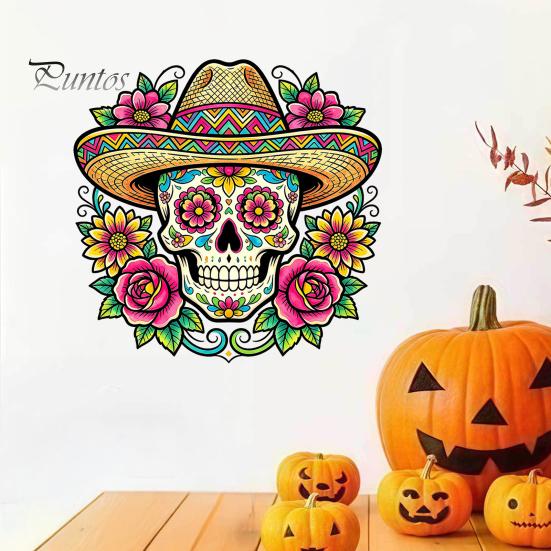 Durable Sunproof Window Stickers Flower Skull Wall Sticker, Day of The Dead Decorative Decals, Waterproof PVC Removable for Windows Glass Doors