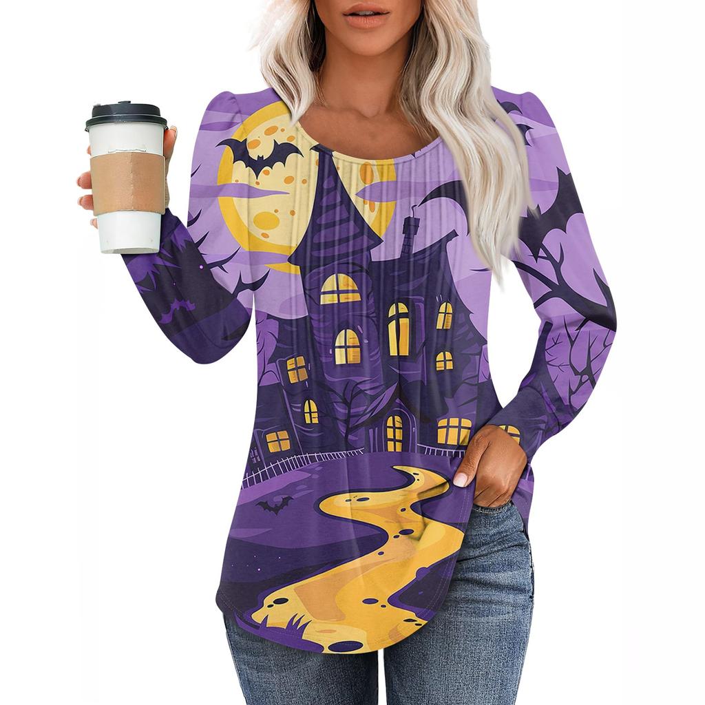 Women's Casual Fashion Long Sleeve Print Pleated Round Neck Shirt Casual Tops