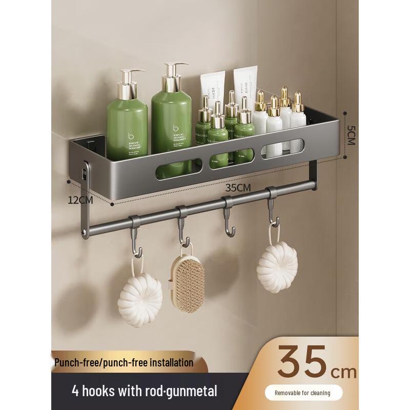 No-Drill Wall-Mounted Bathroom Shelf with Hooks