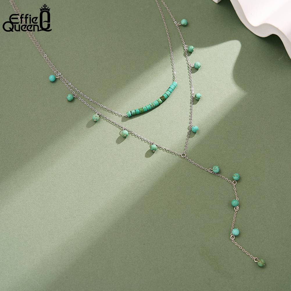 EFFIE QUEEN 925 Pure Silver Turquoise Beads Y-shaped Collarbone Retro Natural Turquoise Long Chain Necklace Women's Gift BQN32