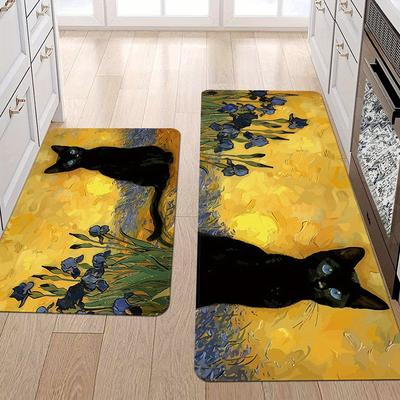 1 alfombra moderna de poliéster con diseño de gato negro y flores, antideslizante, colorida, para interiores, para el hogar, el baño, el dormitorio y la sala de estar.