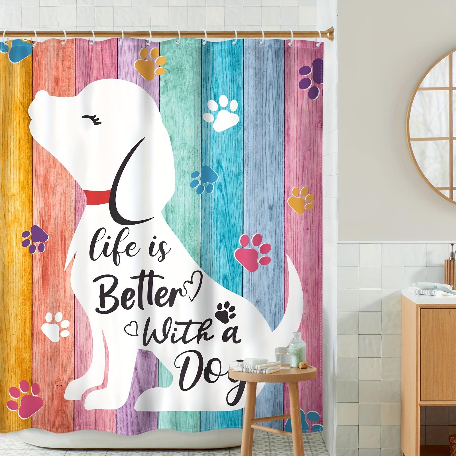 

1pc Shower Curtain - Colorful Wood Grain Background with Adorable Puppy and Life is Better with a Dog Quote Waterproof W90XH180cm