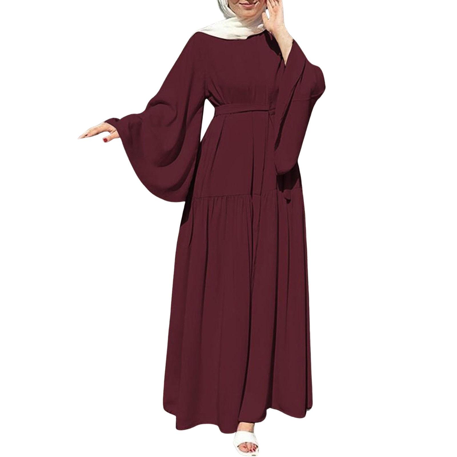 

Мусульманские женские платья для отпуска с расклешенными рукавами и поясом на подоле, длинные XL винный