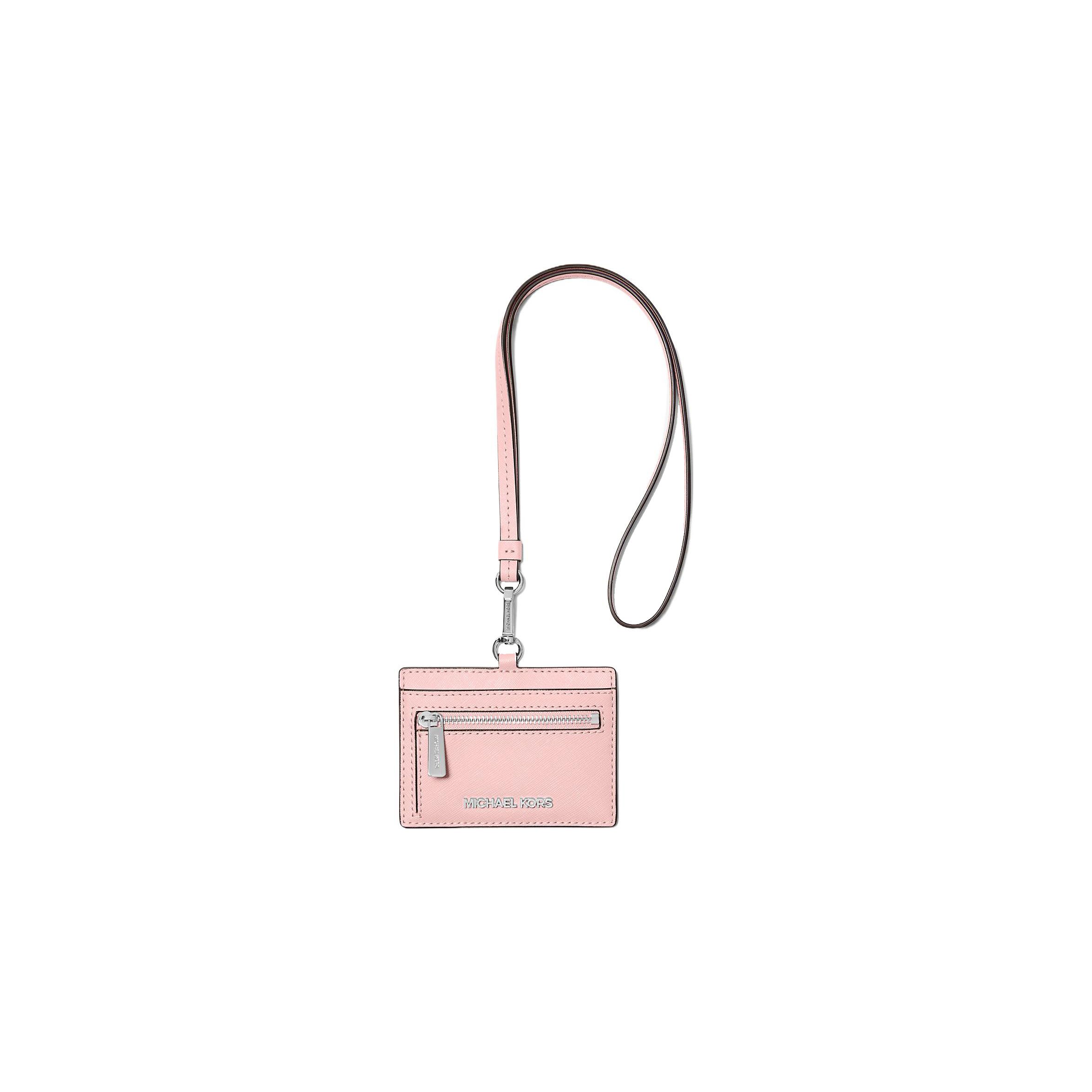 Michael Kors MK Jet Set Travel Silver Logo Detachable Strap Saffiano Leather Card Holder Women accessories Blush-Pink 35S3STVD3L-POWDERBLUSH Blush Pink