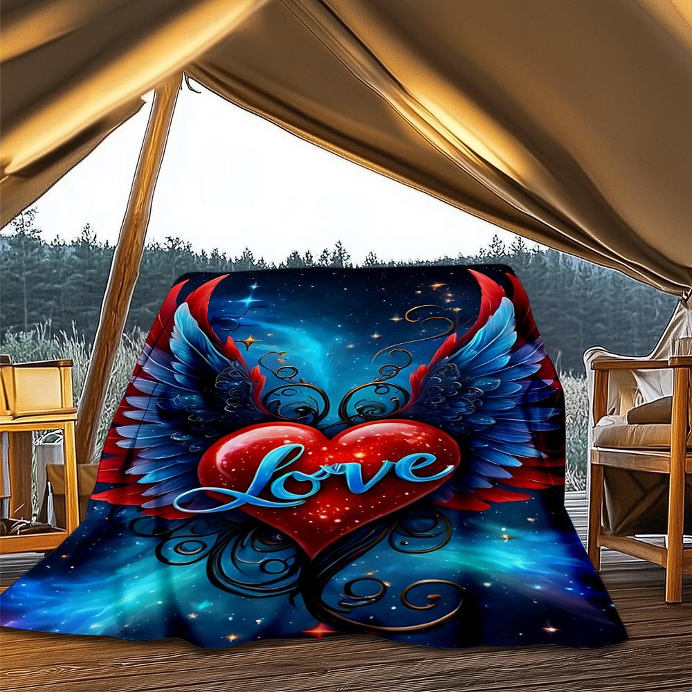 1pc Heart Wings Love Throw Blanket Polyester Fiber, Lightweight Flannel, Soft & Warm, All Season Use for Outdoor, Camping