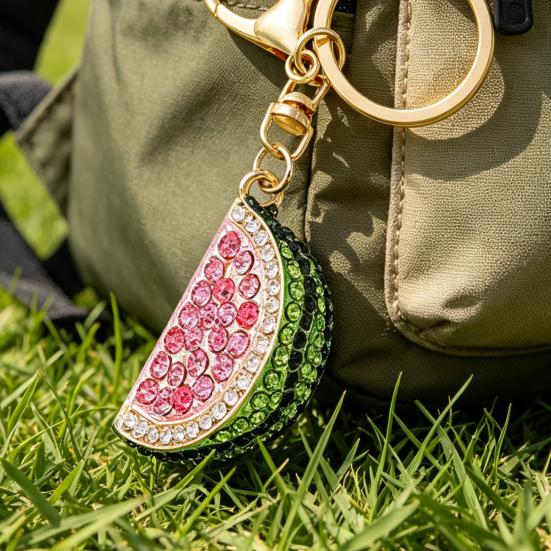 Keychain Pendant Sparkling Rhinestones Watermelon Design Key Chain with Lobster Clasp Backpacks Beach Bags Car Hanger