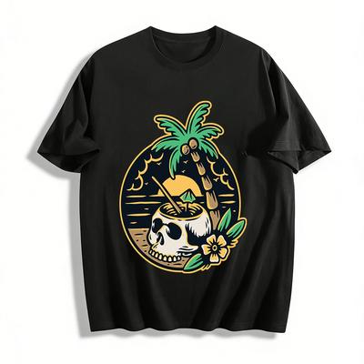 Vintage Insel Totenkopf Kokosnuss Druck Lässiges Kurzarm T-Shirt Reines Baumwoll T-Shirt