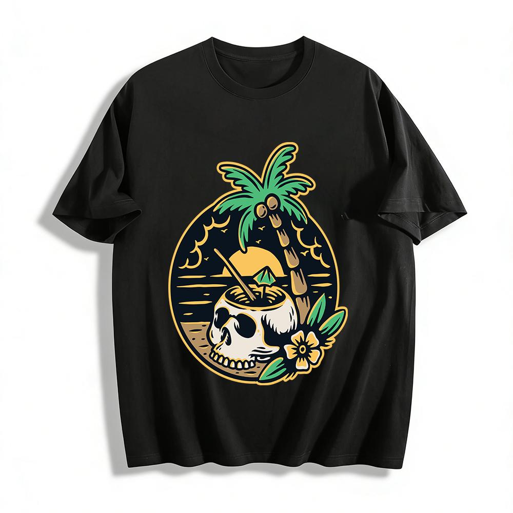 Vintage Island Skull Coconut Print Casual Short Sleeve Tee Pure cotton T-shirt XXS